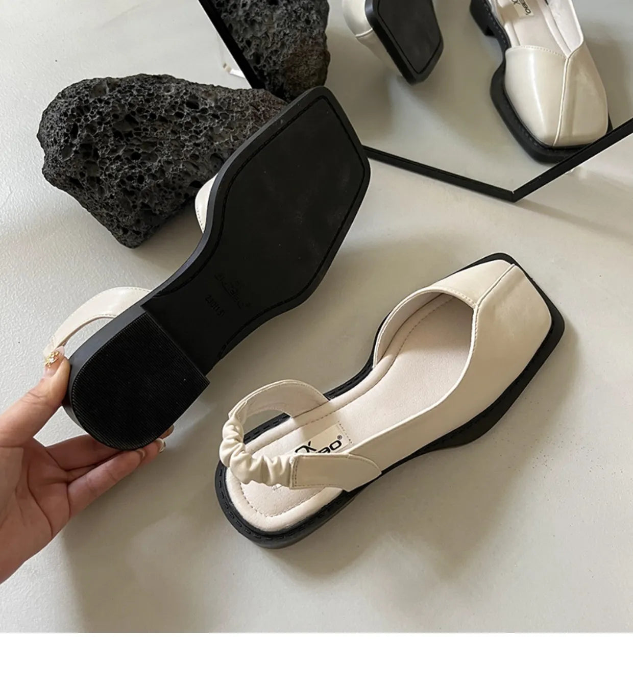Back Empty Bag Head Sandals Women's Spring and Summer Flat Bottom Wind Square Head Single Shoes French Retro Sandals Outer Wear