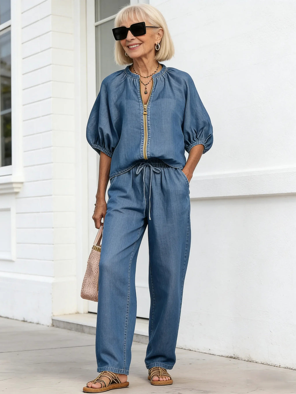 2Pcs Women's Casual Loose Solid Color Zipper Round Neck Wide-leg Pants Suit Women