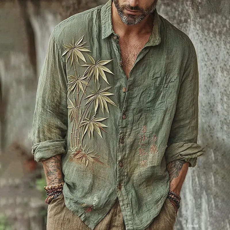 Men's Vintage Japanese Bamboo Embroidery Art Long Sleeve Linen Blend Shirt