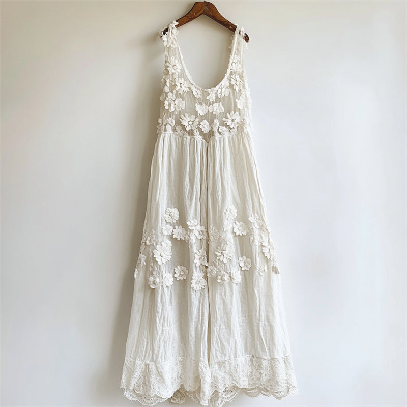 Vintage Floral Hollow Lace Patchwork Linen Tank Dress