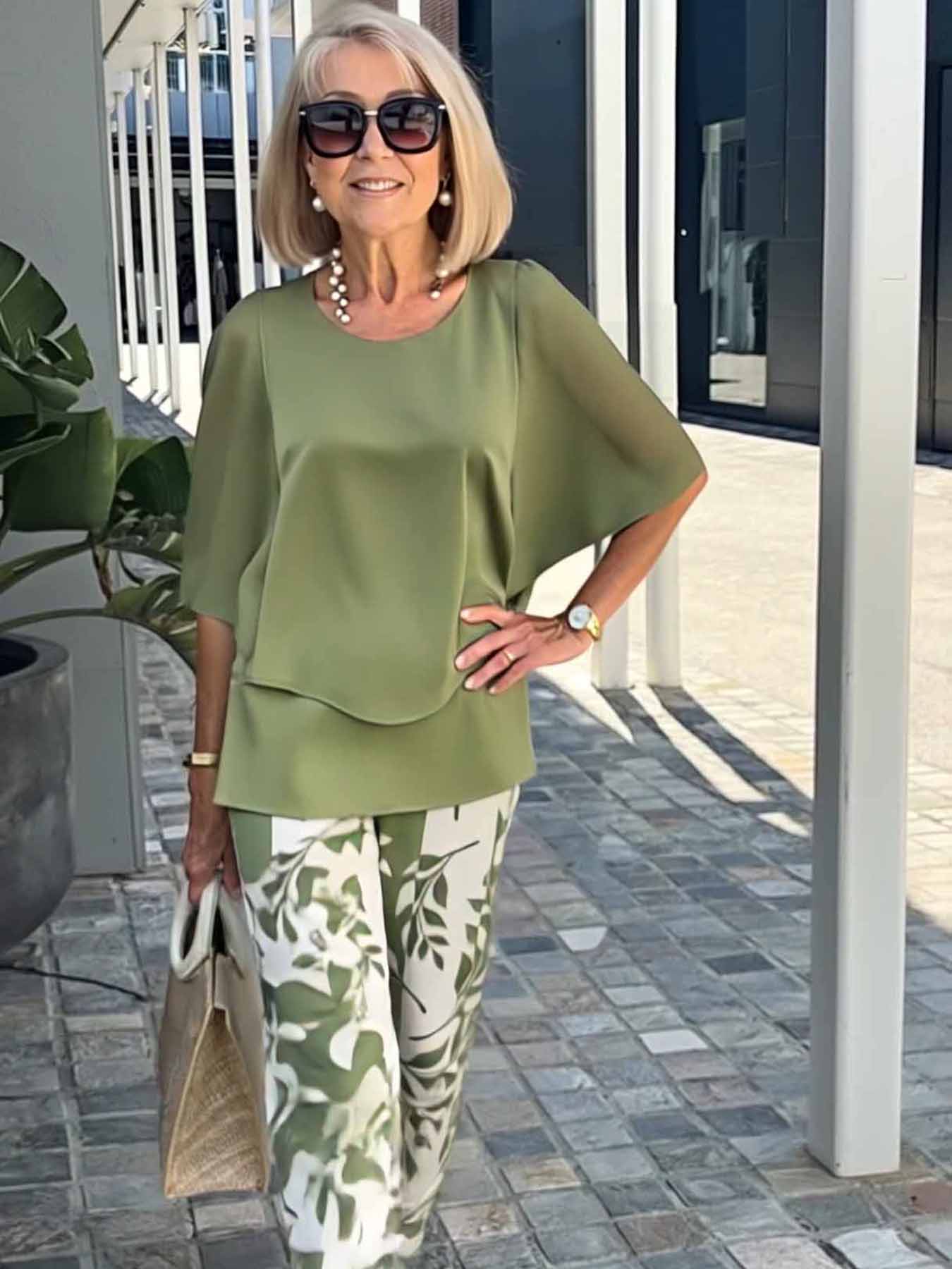 Casual Crew Neck Medium Sleeve Top Printed Floral Pants Set Two-piece Set