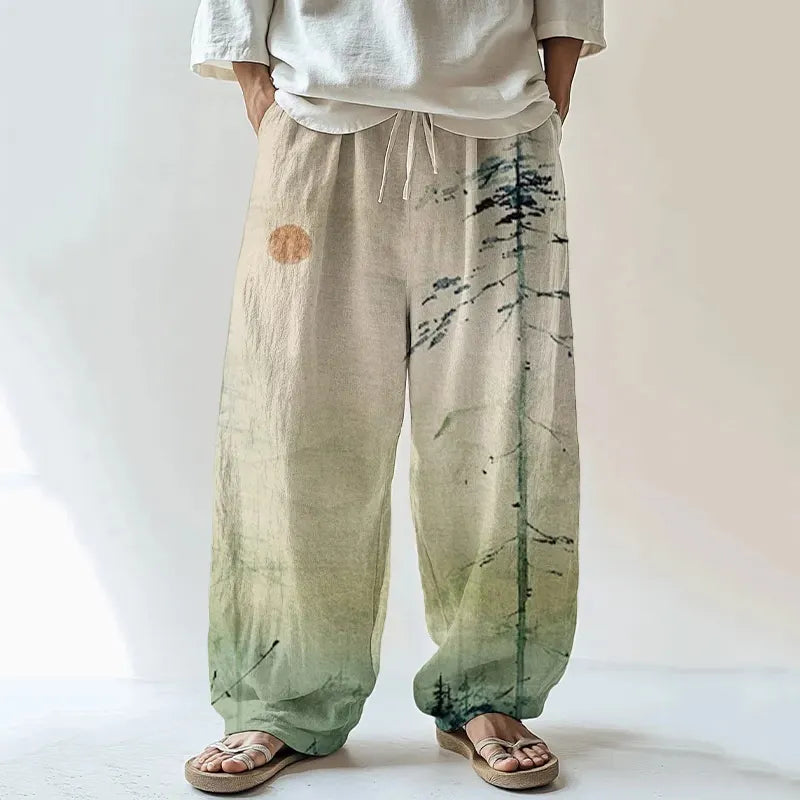 Men's Japanese Mountain Sunrise Painting Print Casual Pants