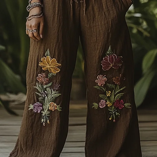 Vintage Bohemian Forest Floral Art Printed Cotton Linen Wide Leg Pants