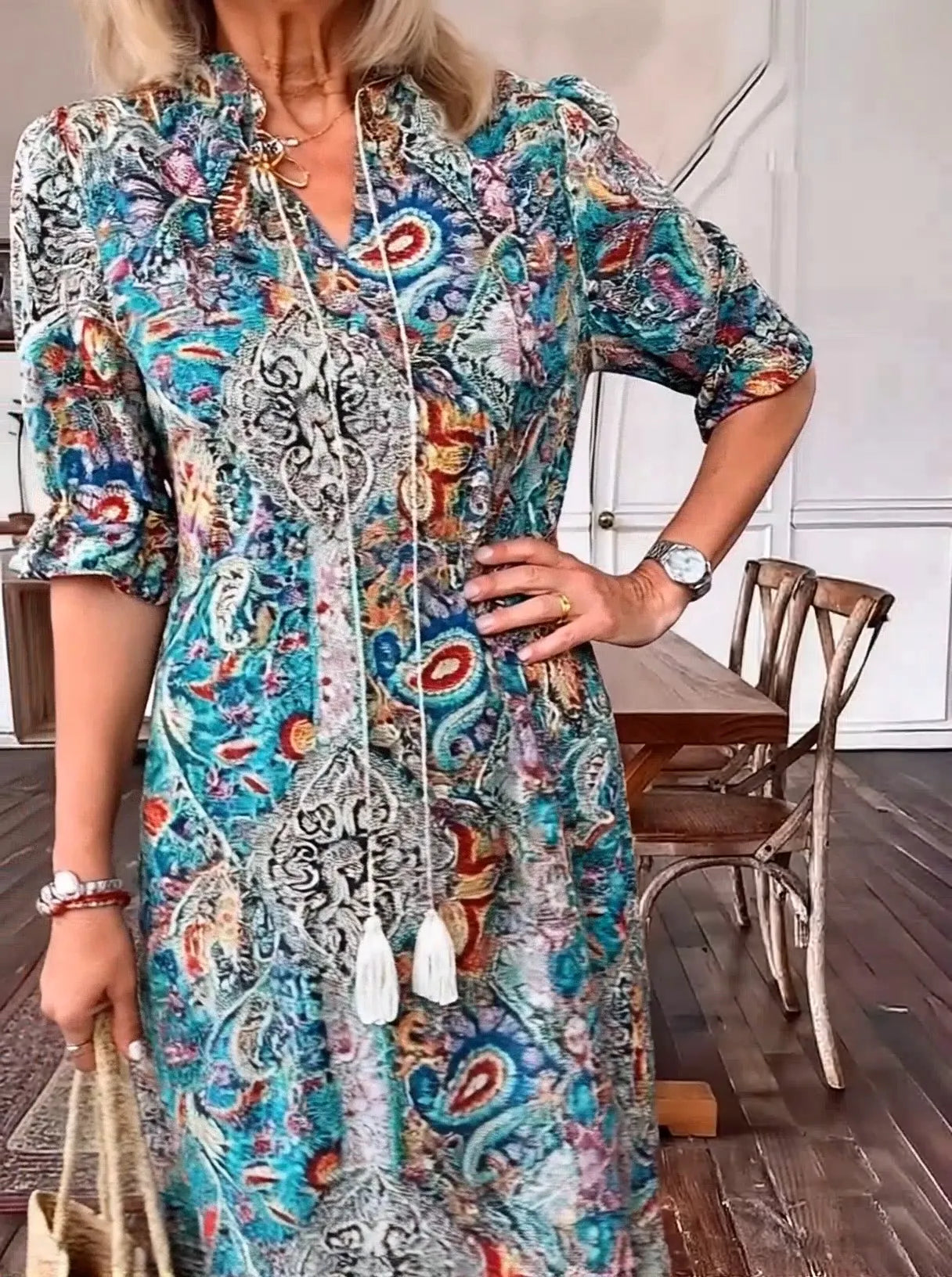 Vacation DRESS Paisley Bohemian Long Length Vintage Print Tassel Tie Neck Tunic Dress - Elegant Vacation Style with Drawstring, Ruffle Hem, and Random Printing