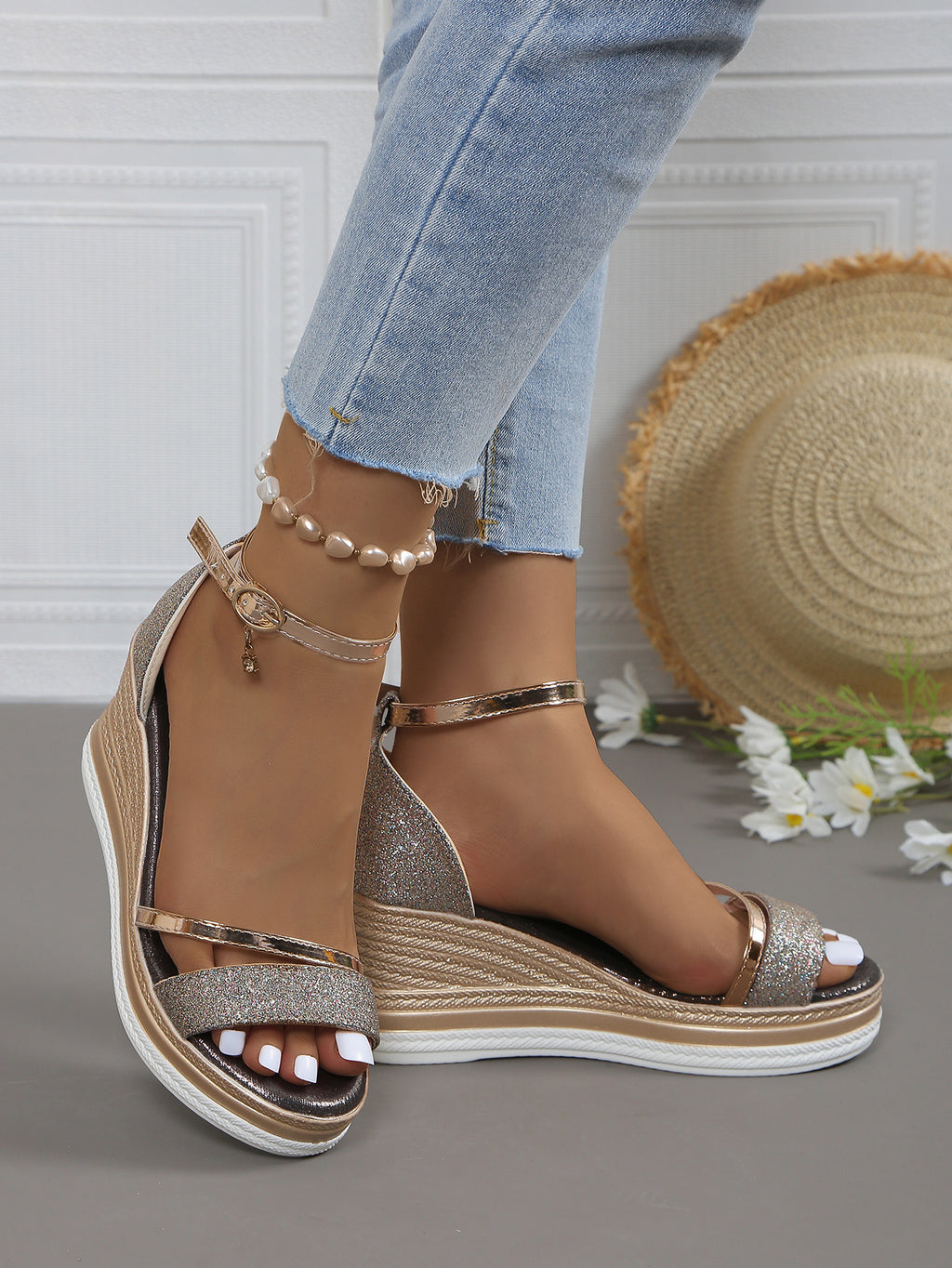 Wedge Heel Sandals Platform-soled Fish Mouth One-word Buckle with Rhinestone Bag and Muffin Women's Sandals