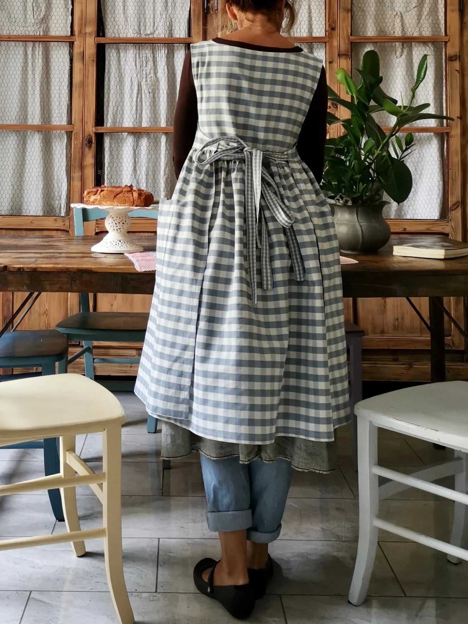 Light Blue Check Cotton Kitchen Apron
