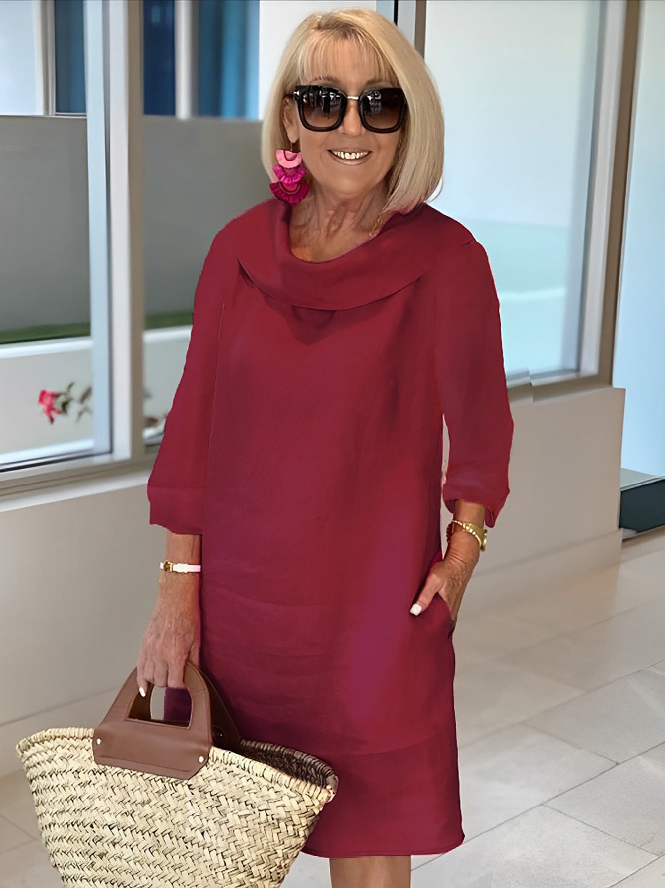 Cotton Pile Collar 3/4 Sleeve DressCottonPile Collar 3/4 Sleeve Dress