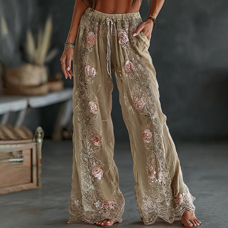 Women's Vintage Spring Floral Embroidered Art Print Flowy Linen Blend Casual Pants