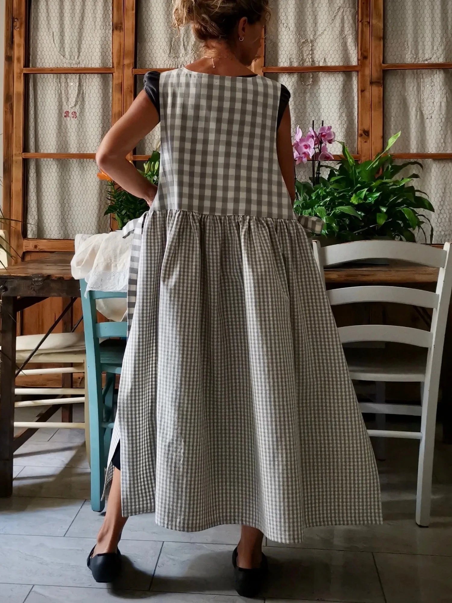 Light Gray & Beige Checkered Patchwork Cotton Apron
