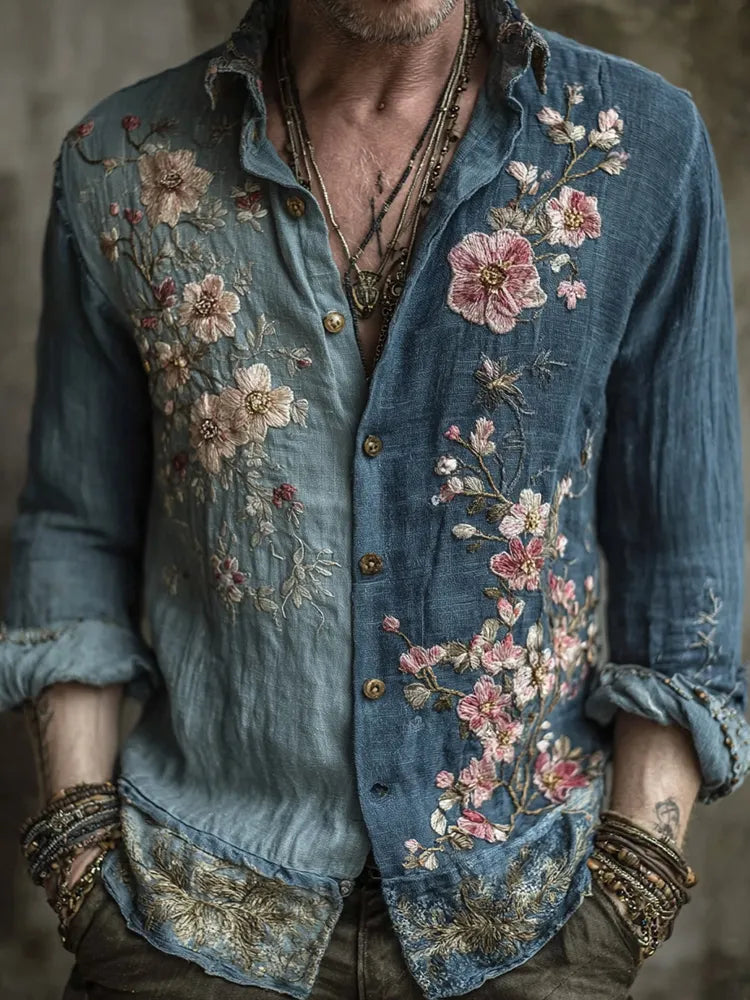 Men's Vintage Japanese Sakura Embroidered Art Long Sleeve Linen Shirt
