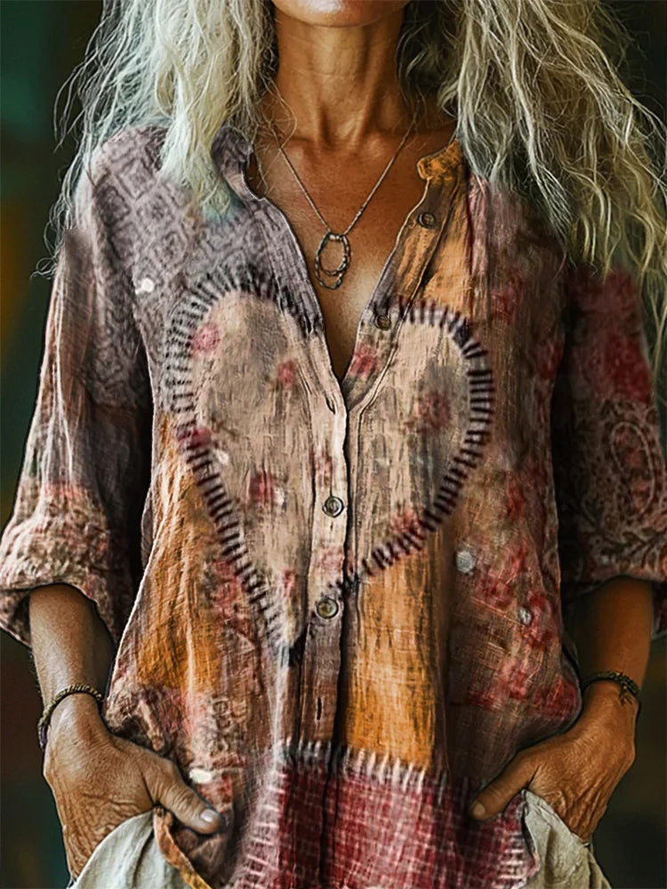 Women's Vintage Heart Art Print Shirt