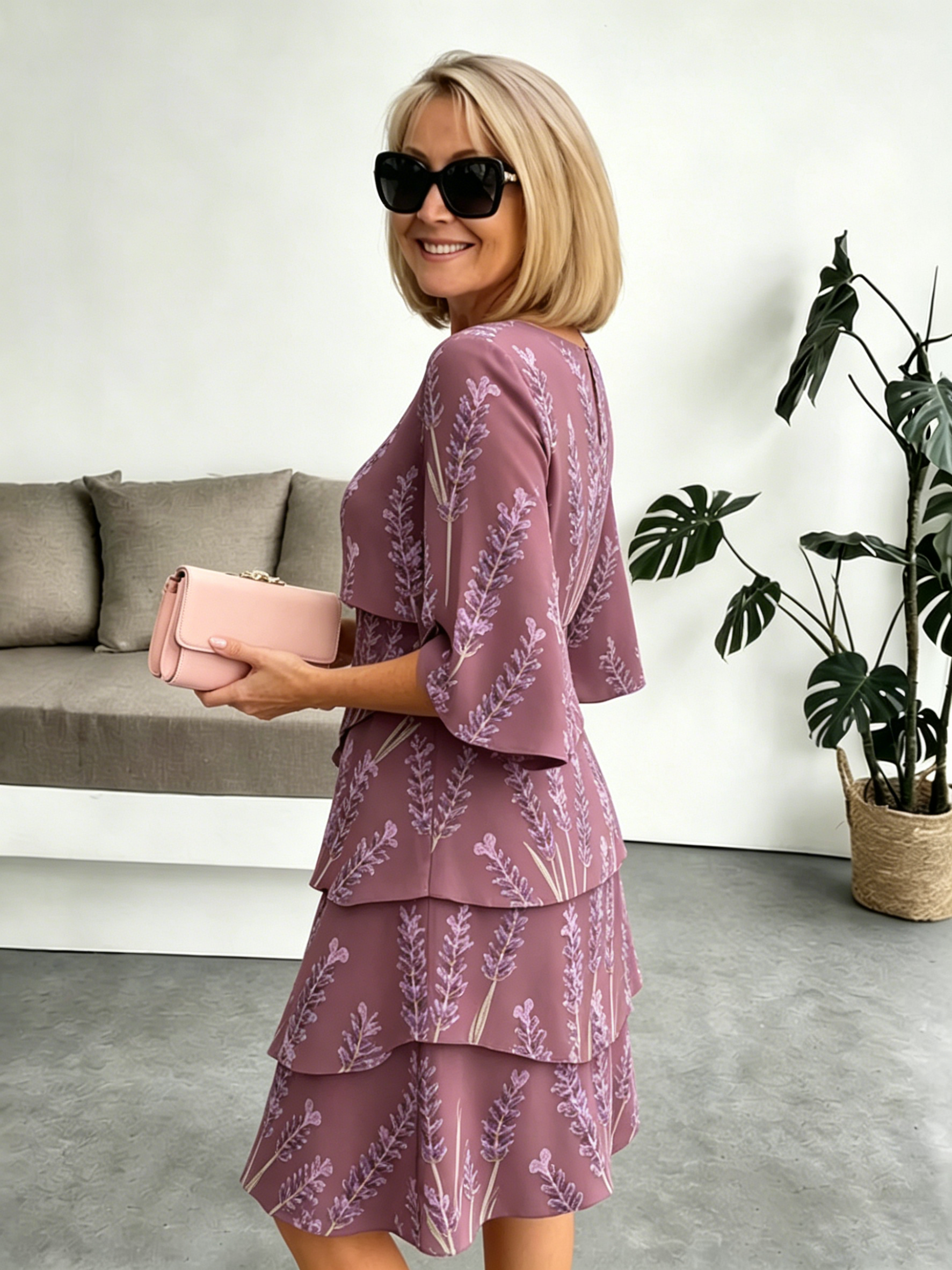 Lavender Chiffon Vacation Prints Color Round Neck Cake Skirt Splicing Dress Mid-length