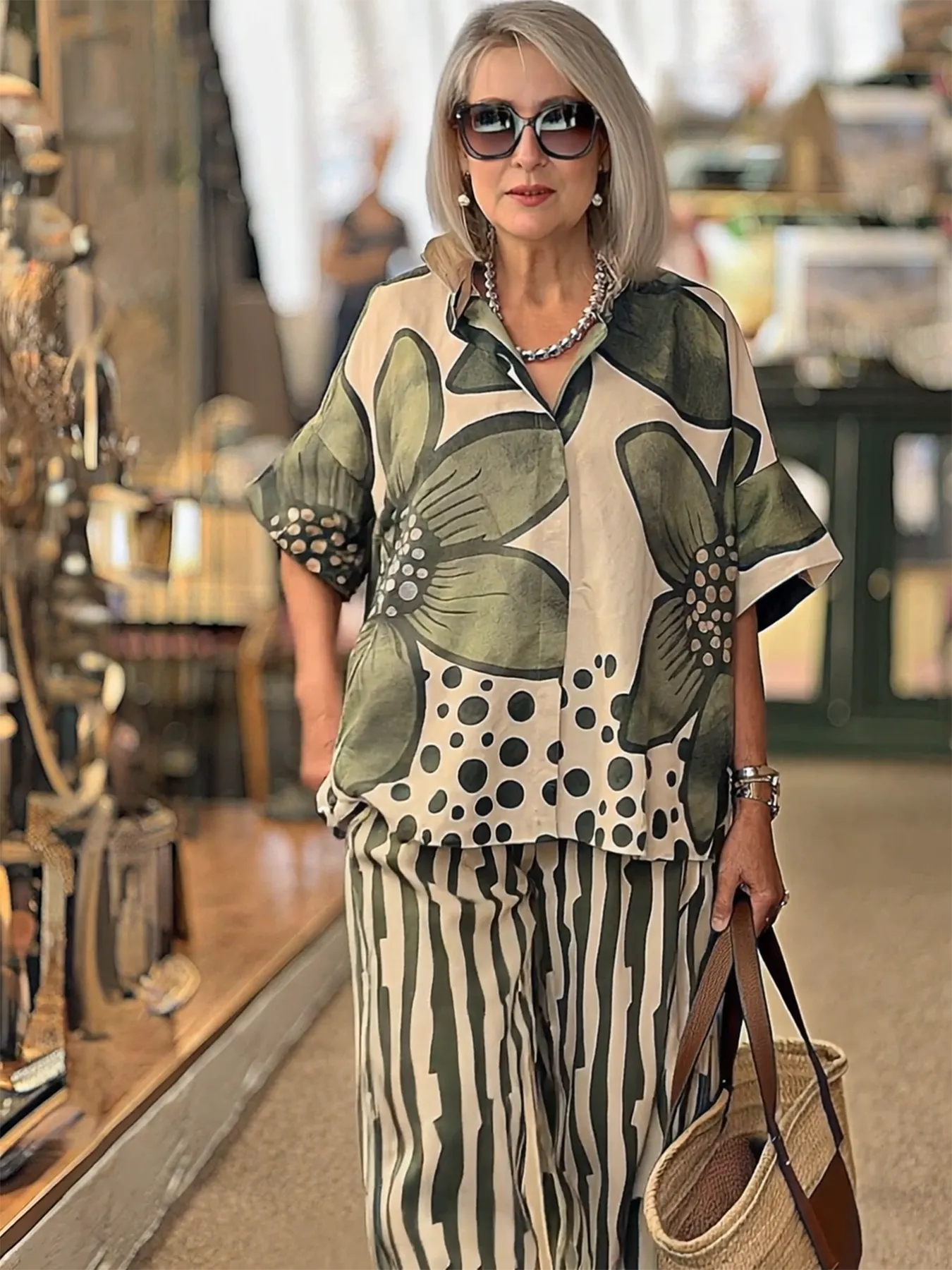 2Pcs Lapel Loose Geometric Printing Casual Set