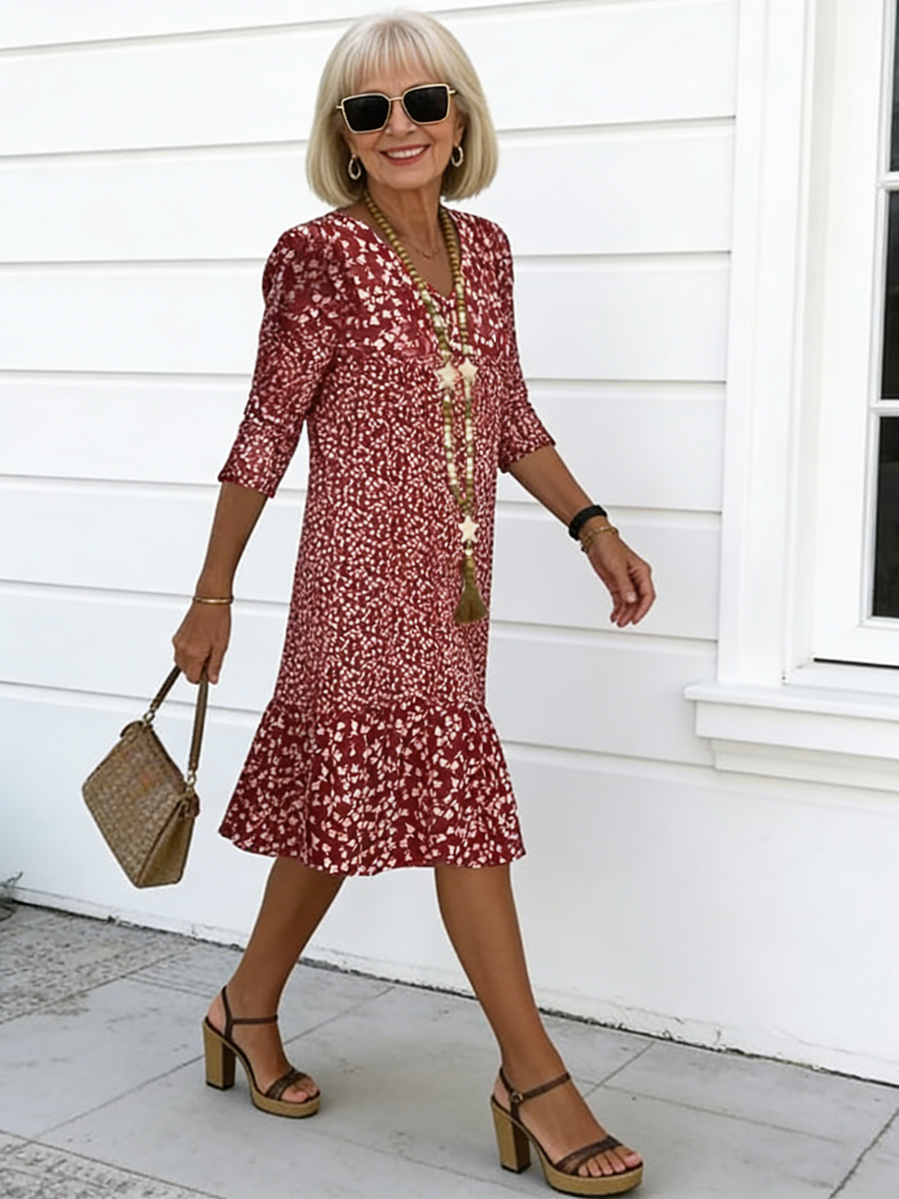 Bohemian Floral Print Half Sleeve V-neck Mid-Length Dress