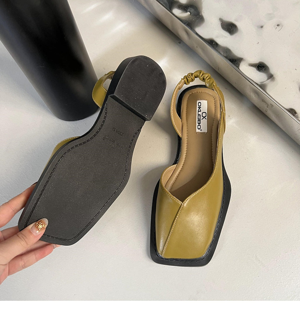 Back Empty Bag Head Sandals Women's Spring and Summer Flat Bottom Wind Square Head Single Shoes French Retro Sandals Outer Wear