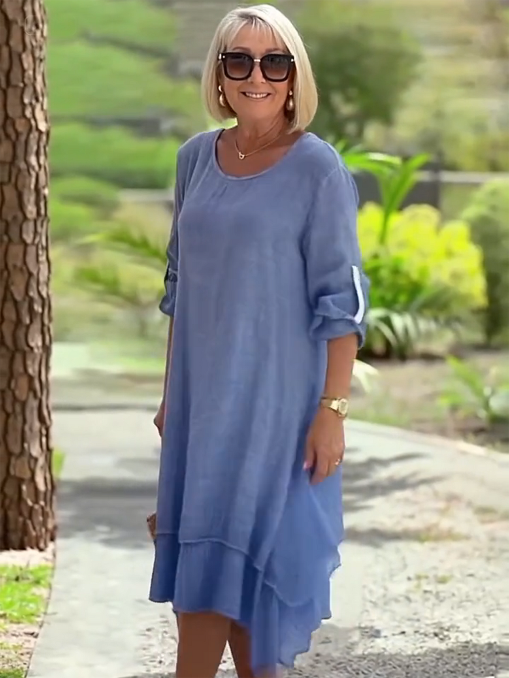 Casual Round Neck Long sleeved Double layered Elegant Solid Color Dress