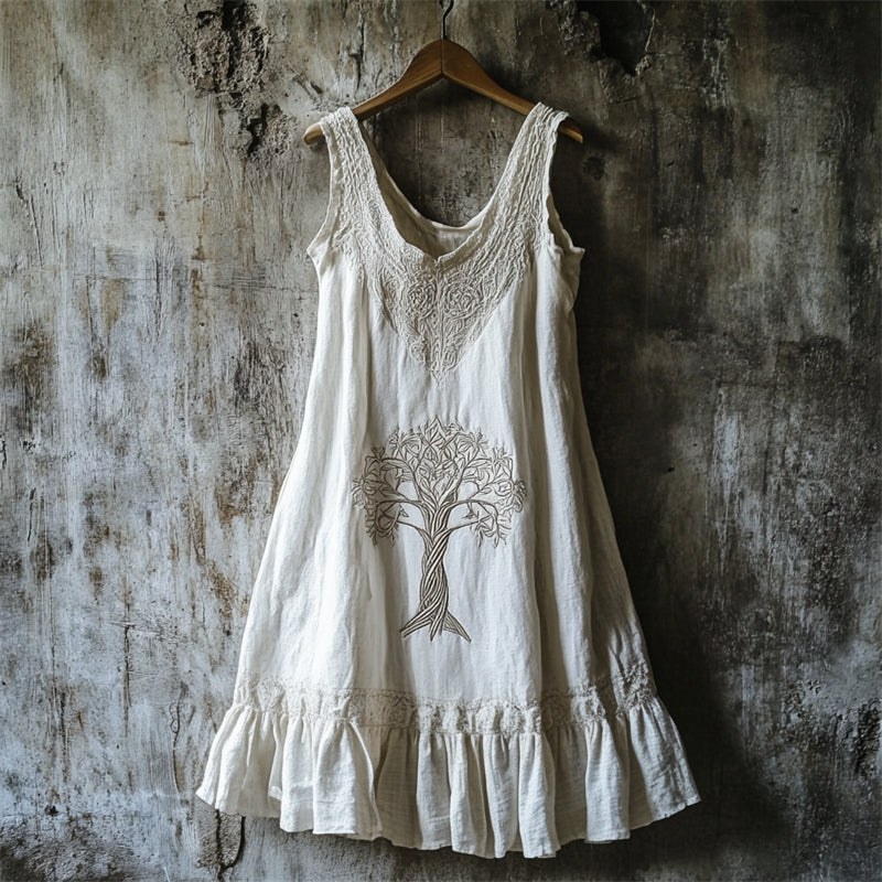 Tree Of Life Lace Patchwork Ruffle Hem Linen Dress