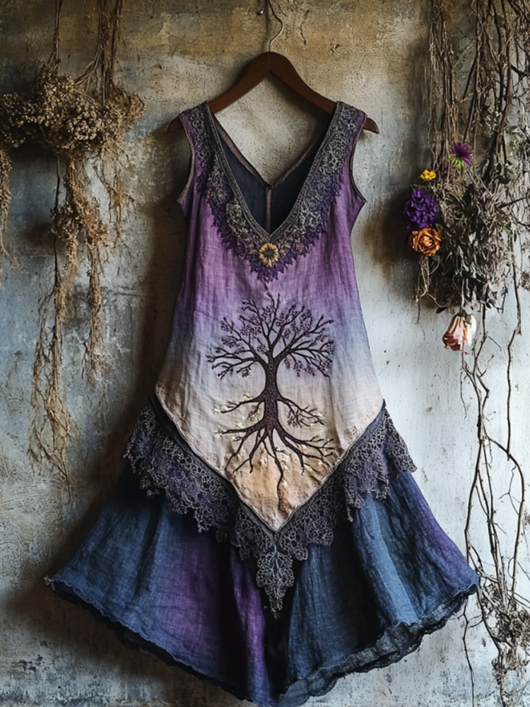 Vintage Viking Tribal Celtic Knot Life Of Tree Lace Patchwork Art Linen Tank Dress
