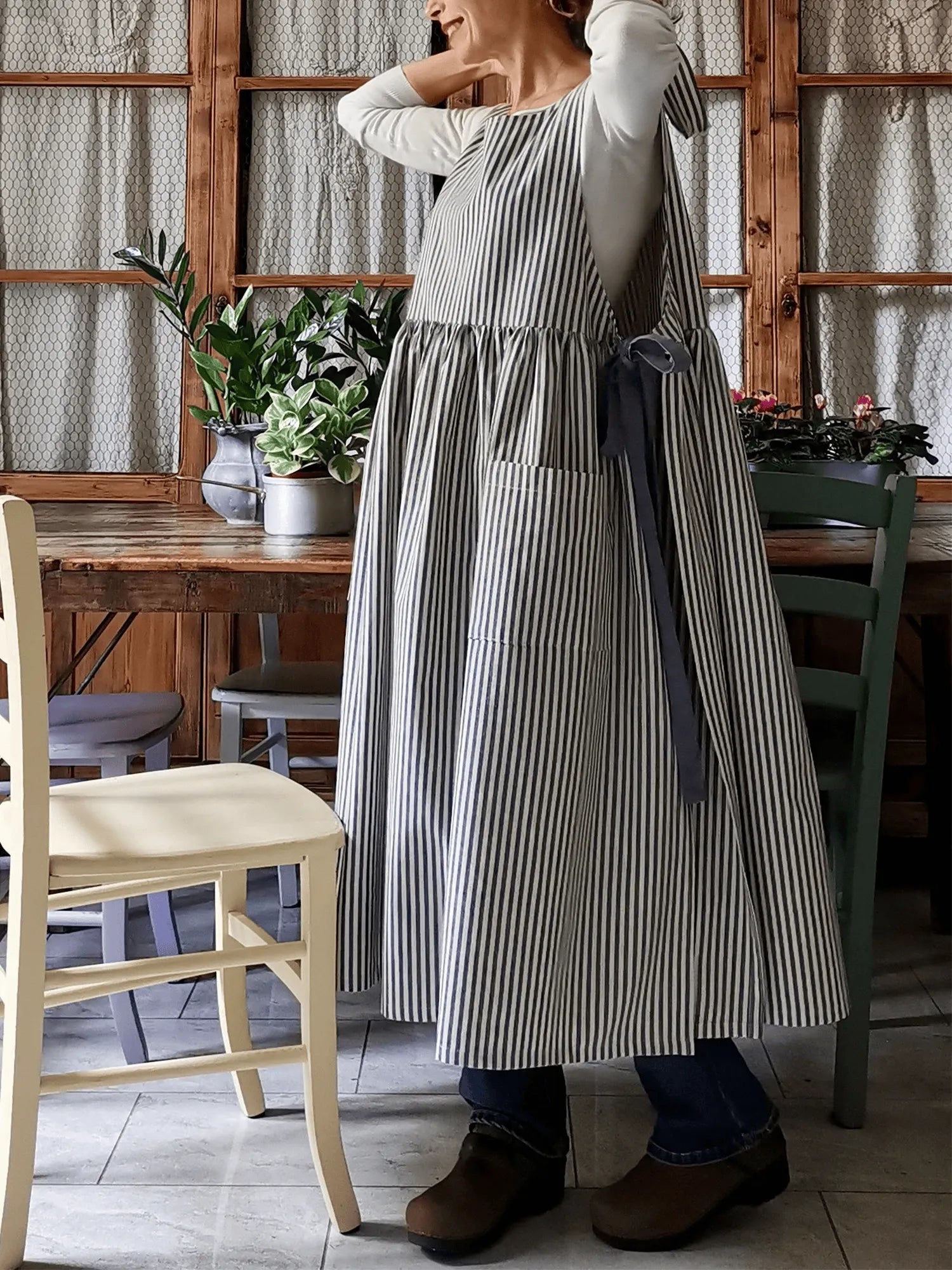 Kitchen Apron for Women in Blue Striped Cotton