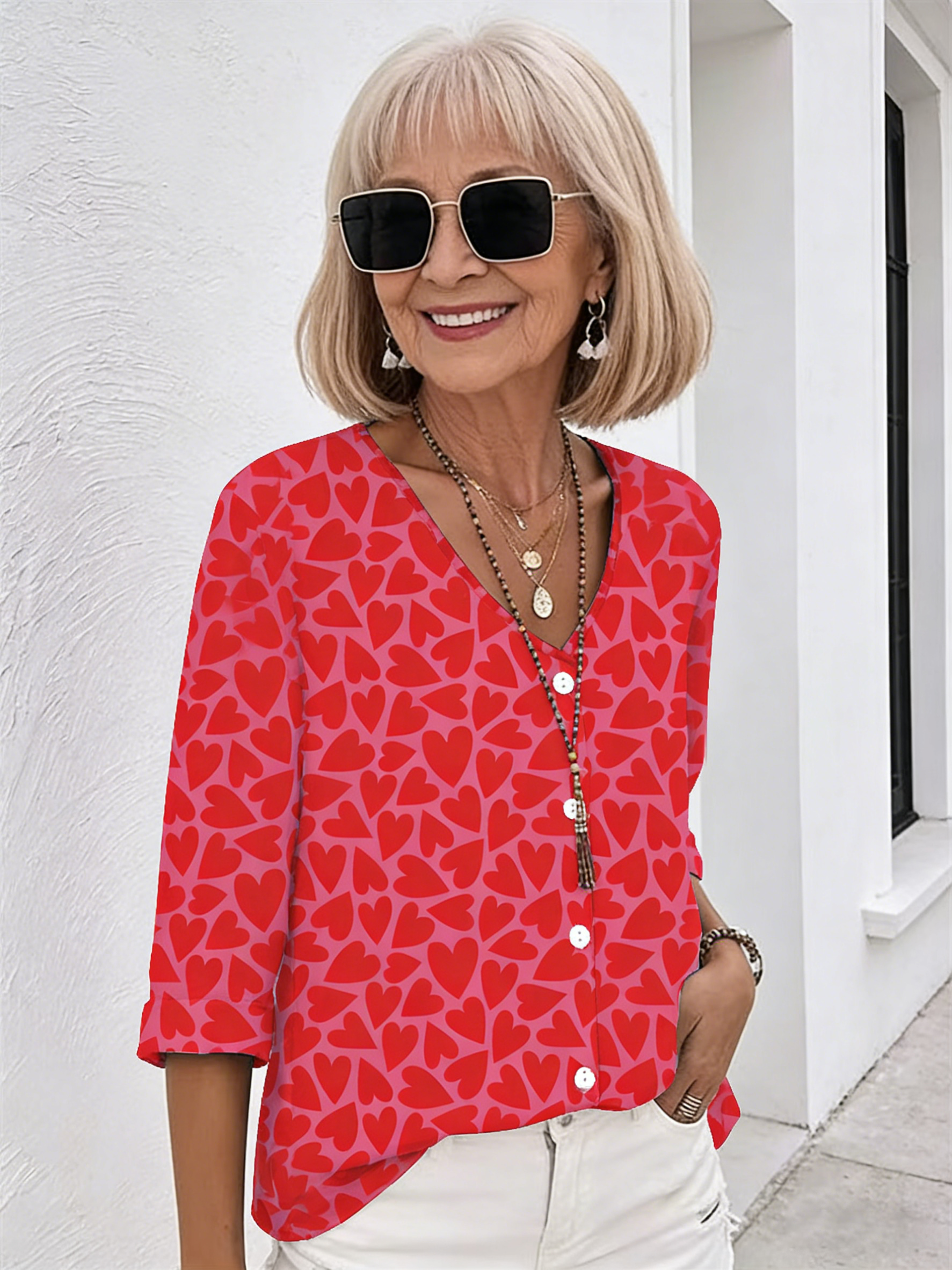V-neck Buttons Printed Long Sleeve Tunic Tops
