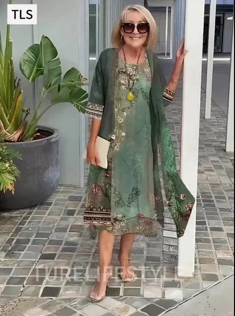 3/4 Sleeve Printing Coat & Dress Two-Piece Suit