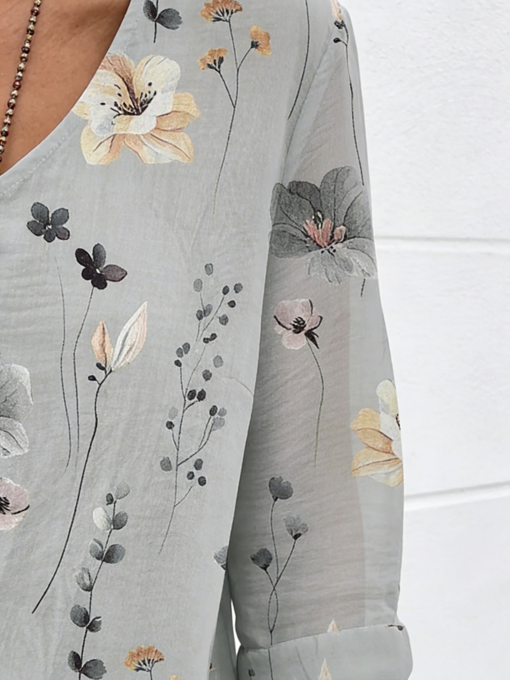 V-neck Buttons Printed Long Sleeve Tunic Tops