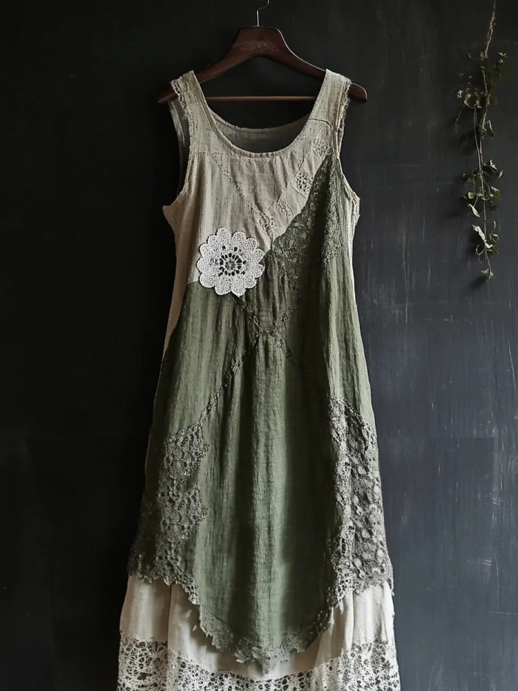 Vintage Lace Patchwork Comfy Linen Tank Dress