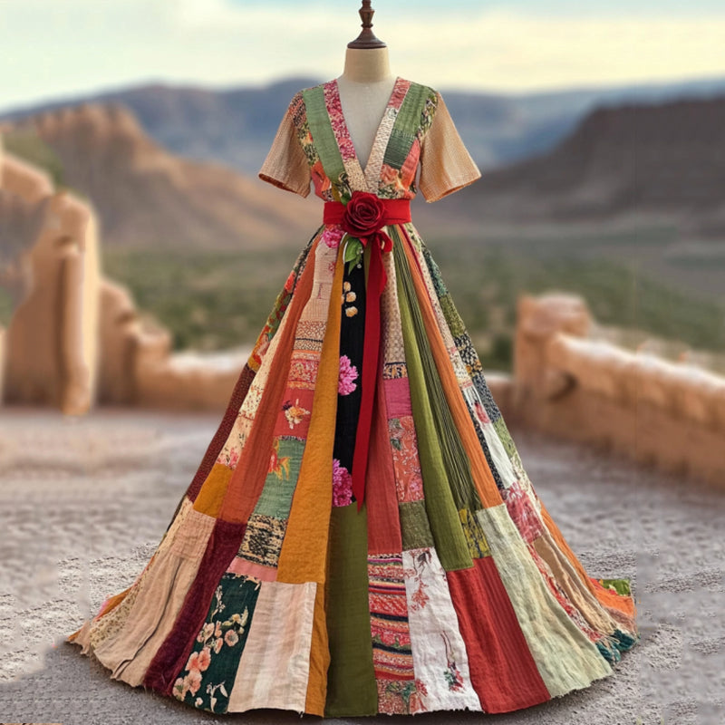 Women's Vintage Floral Color Block Short Sleeve Maxi Dress
