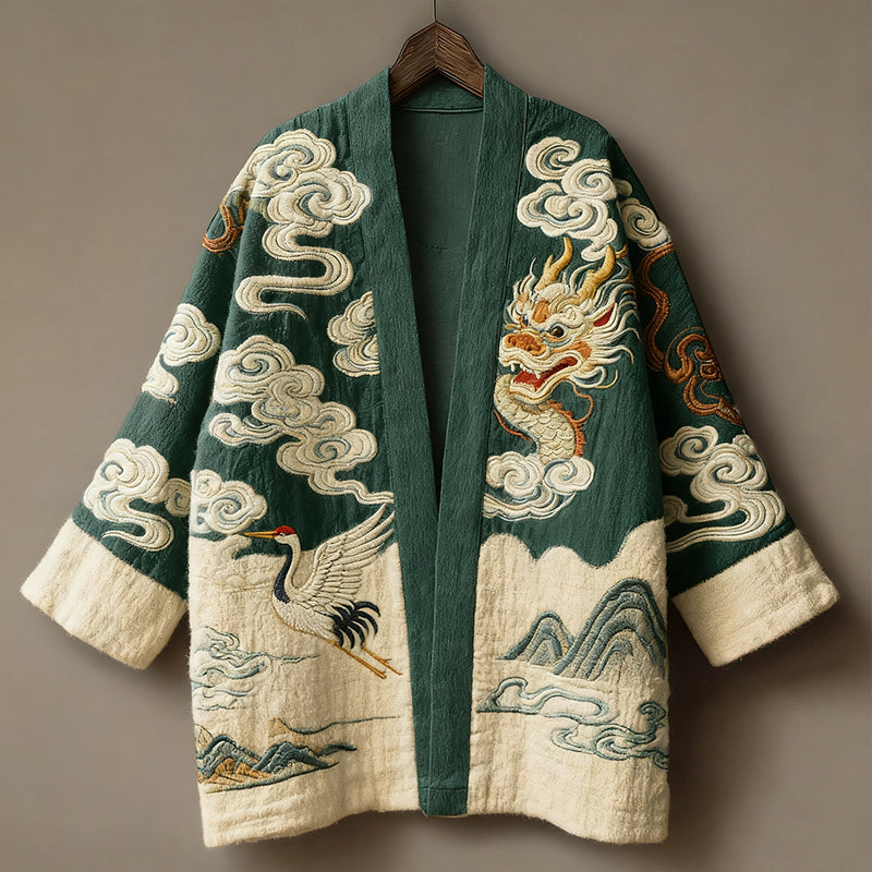 Retro Japanese Dragon With Auspicious Clouds Art Print Cotton And Linen Blend Kimono Cardigan