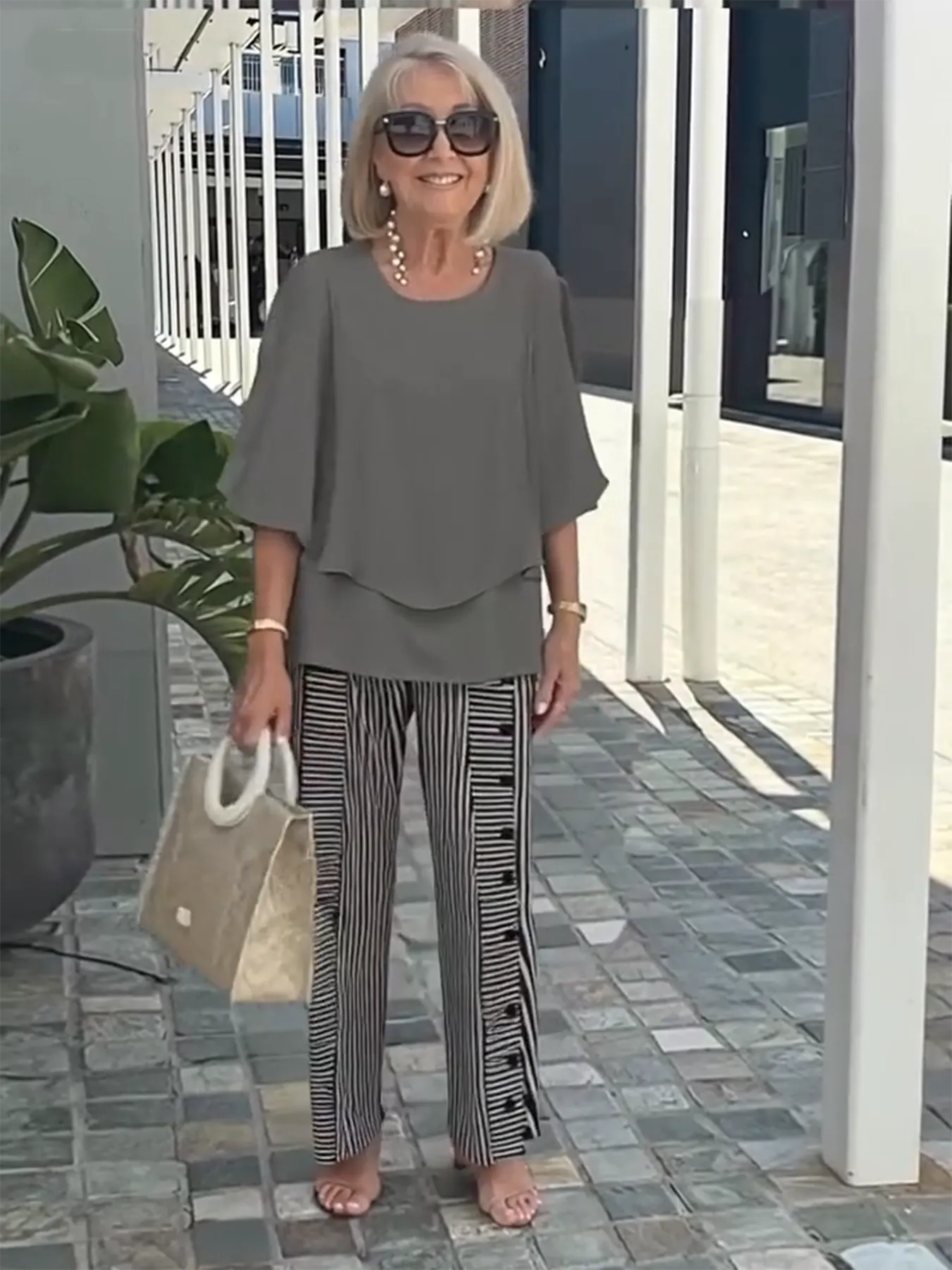 Casual Crew Neck Medium Sleeve Top Printed Floral Pants Set Two-piece Set