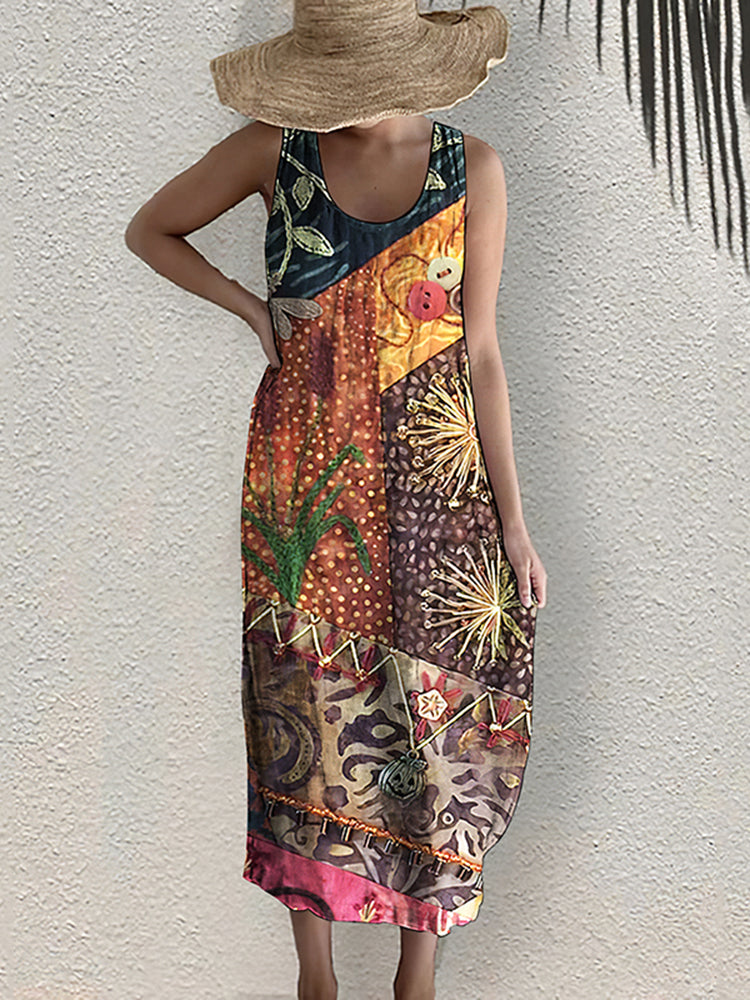 Vintage Bohemian Geometric Art Linen Blend Dress