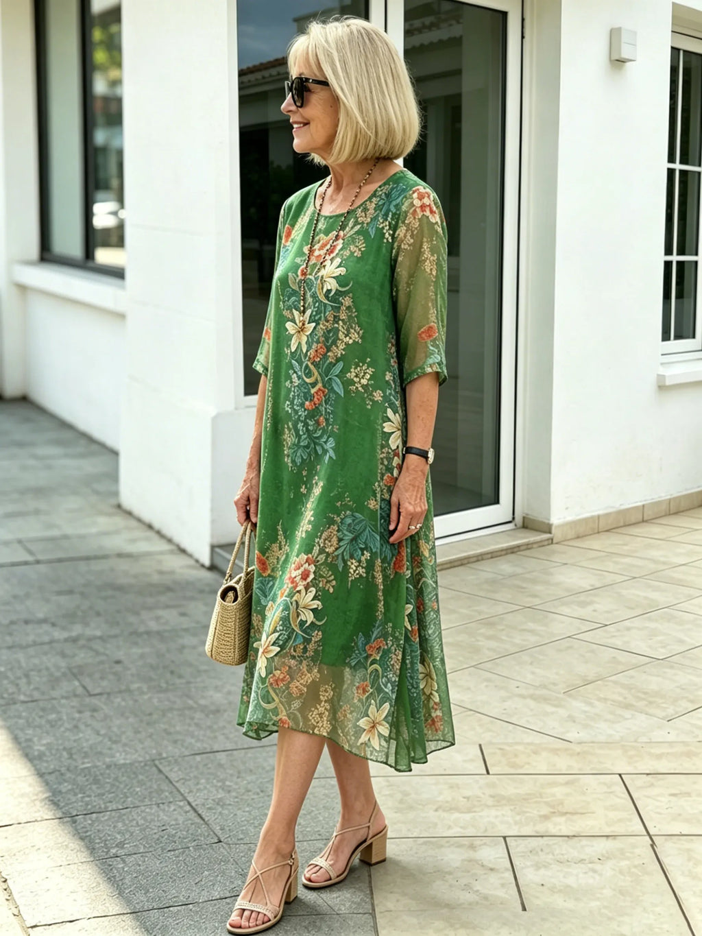 Black Floral Chiffon Midi Dress, Loose Tummy Hiding 3/4 Sleeve Printed Dress for Mature Women