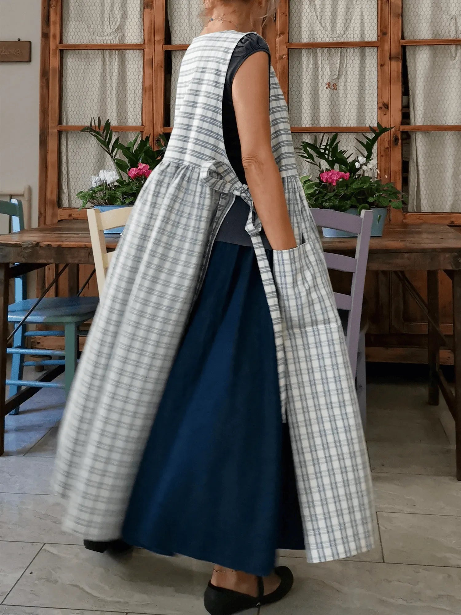 Light Blue and Cream Tartan Cotton Apron