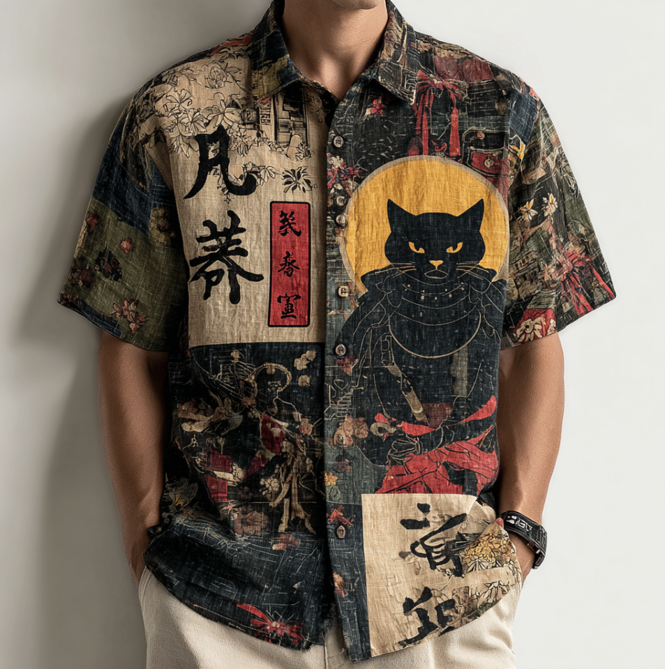 Japanese Art Taste Cat Men Cotton And Linen Short Sleeve Shirt
