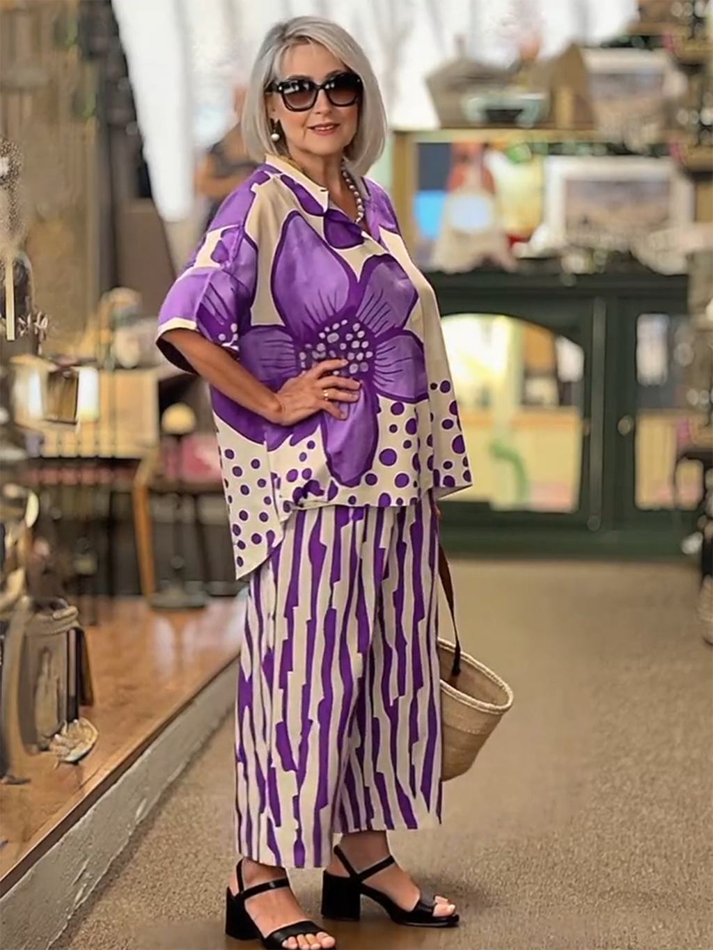 2Pcs Lapel Loose Geometric Printing Casual Set