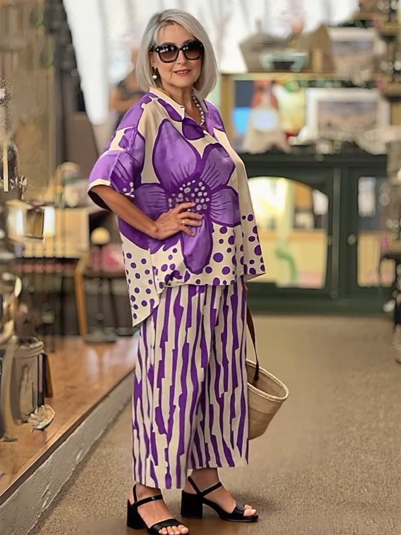 2Pcs Lapel Loose Geometric Printing Casual Set
