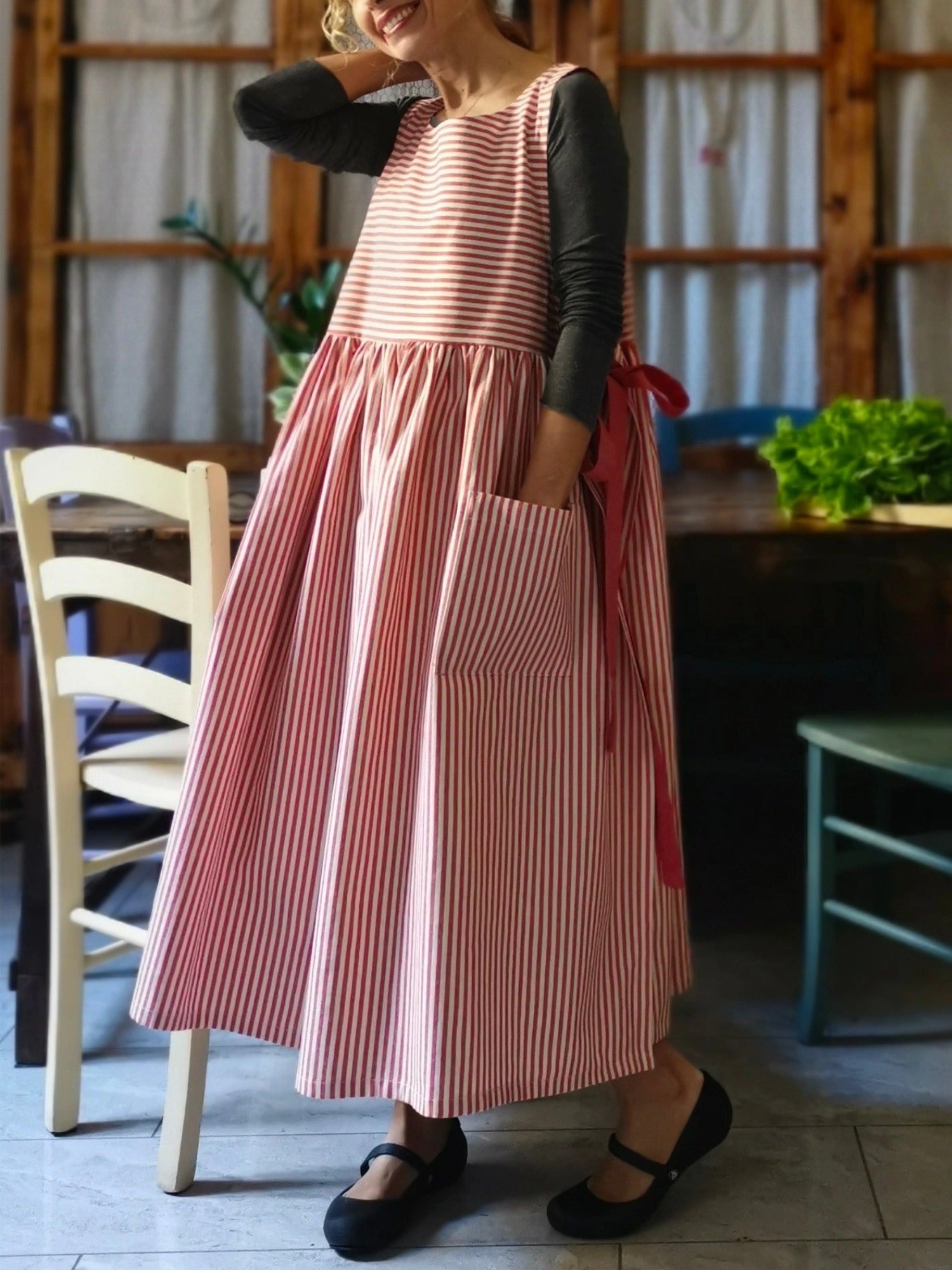 Cherry Red Striped Cotton Kitchen Apron