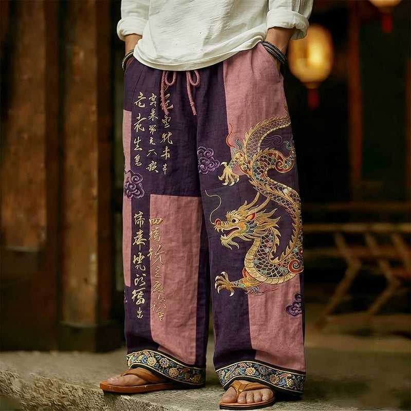 Men's Vintage Japanese Calligraphy Dragon Art Pattern Linen Blend Pants