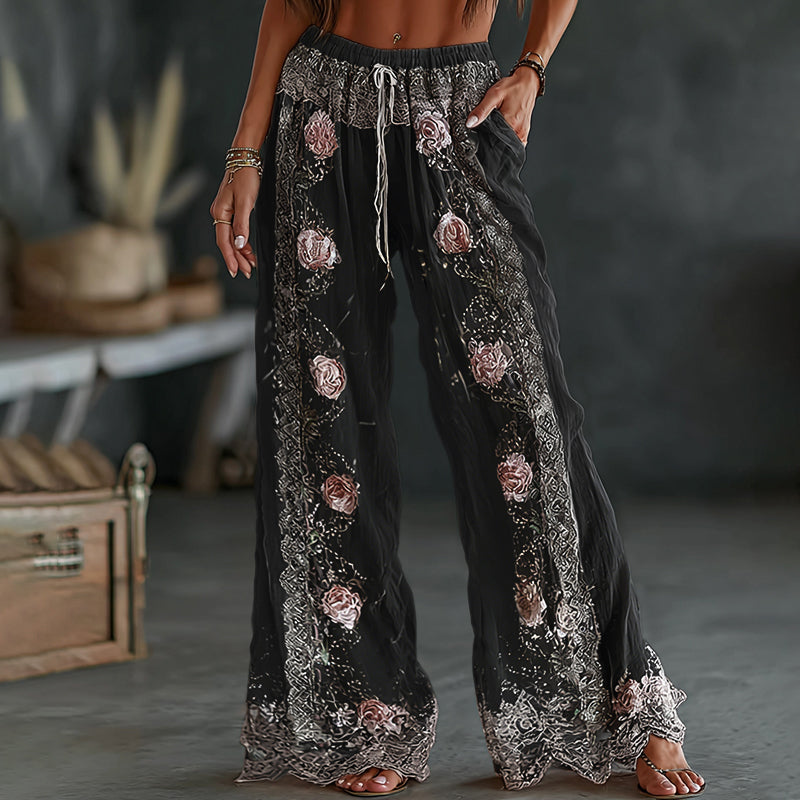 Women's Vintage Spring Floral Embroidered Art Print Flowy Linen Blend Casual Pants