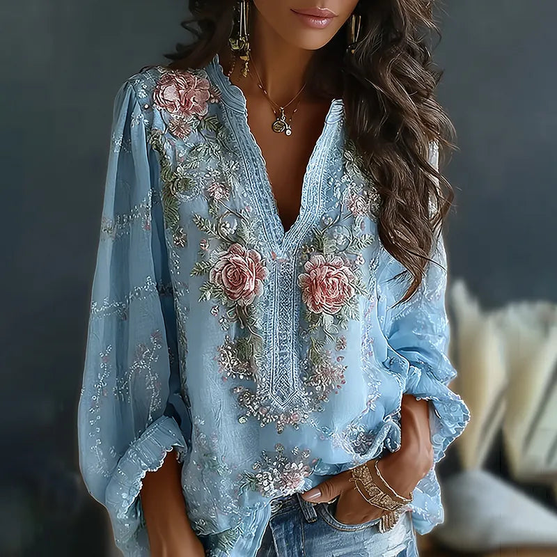 Women's Vintage Spring Floral Embroidered Art Print Flowy Linen Blend Casual Tops