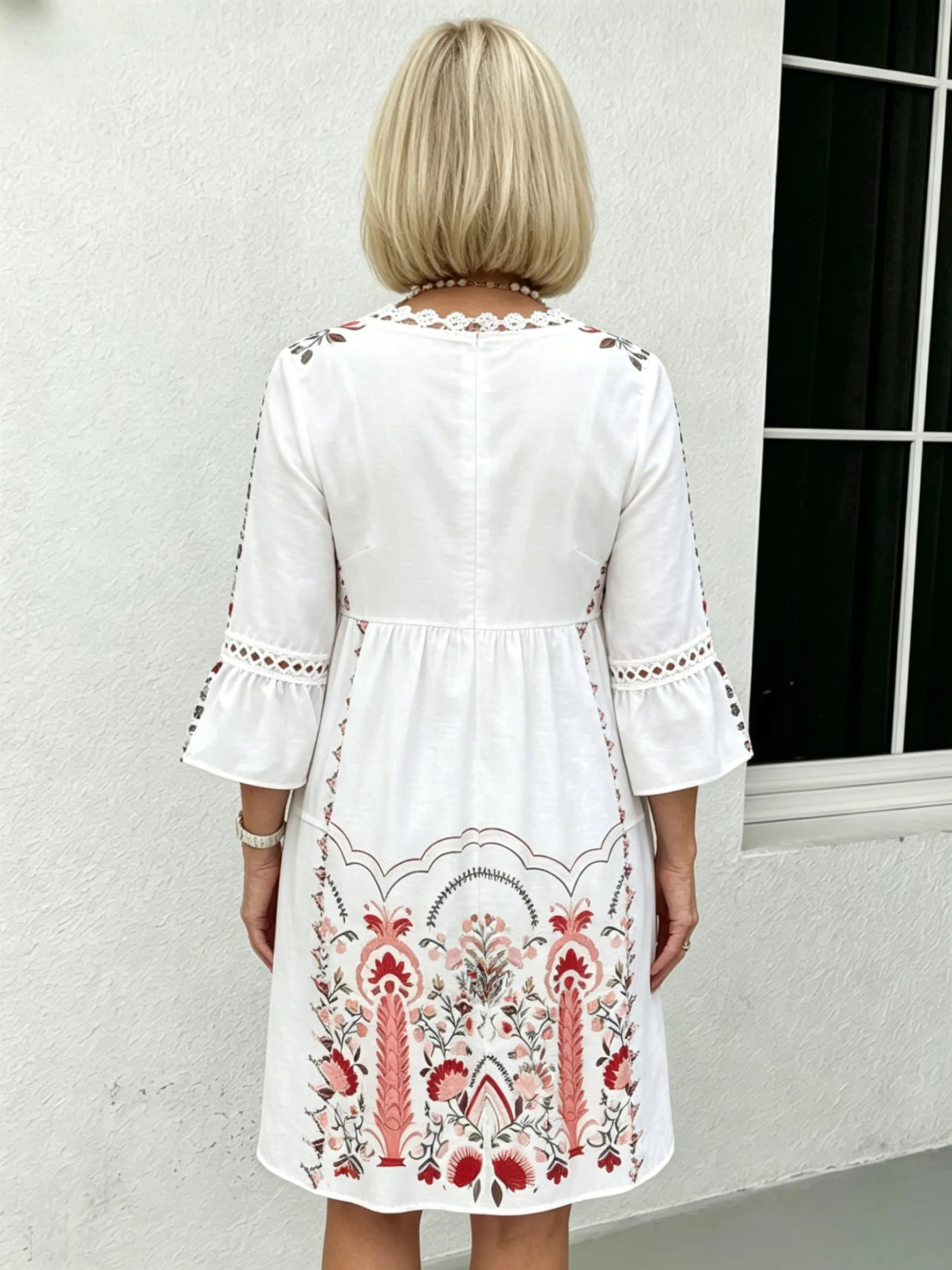 V-neck Printed Lace Stitching Bohemian Casual Vacation Style Dress