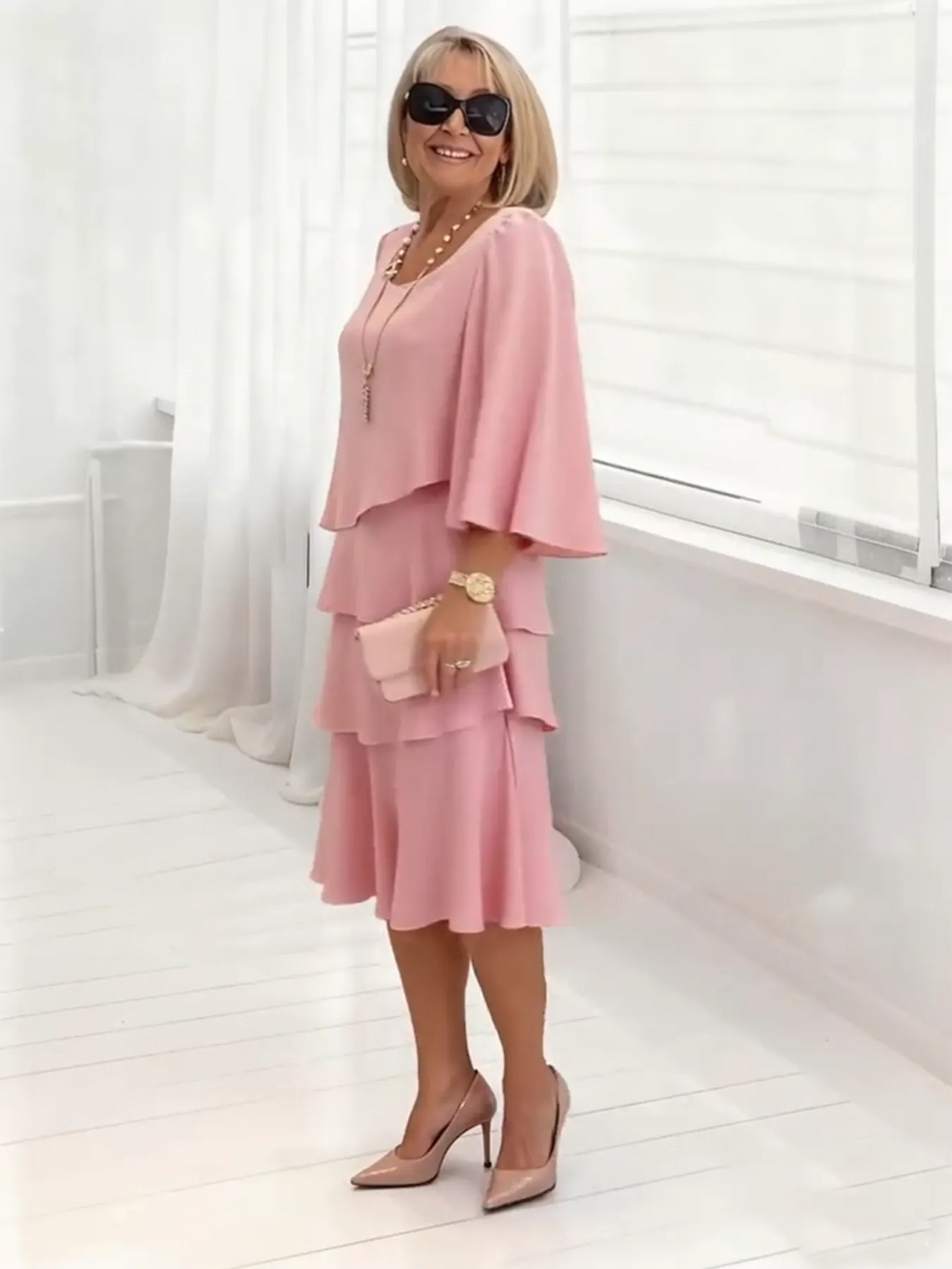 Long Dress Half Sleeve Fashion Cake Skirt Women's Temperament Loose and Thin Round Neck Dress