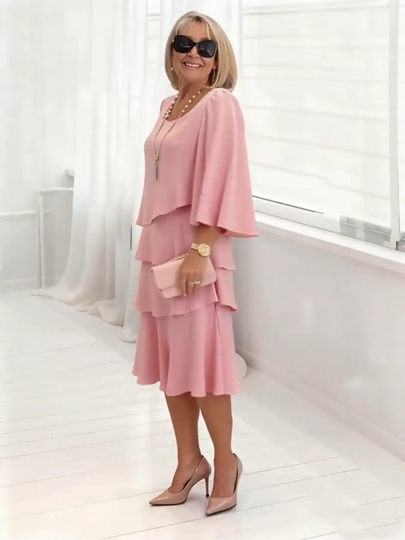 Long Dress Half Sleeve Fashion Cake Skirt Women's Temperament Loose and Thin Round Neck Dress