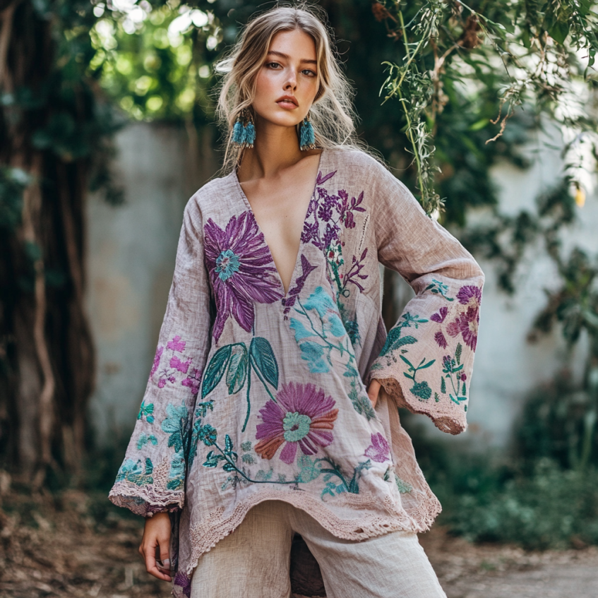 Vintage Floral Embroidered Linen V Neck Tunic