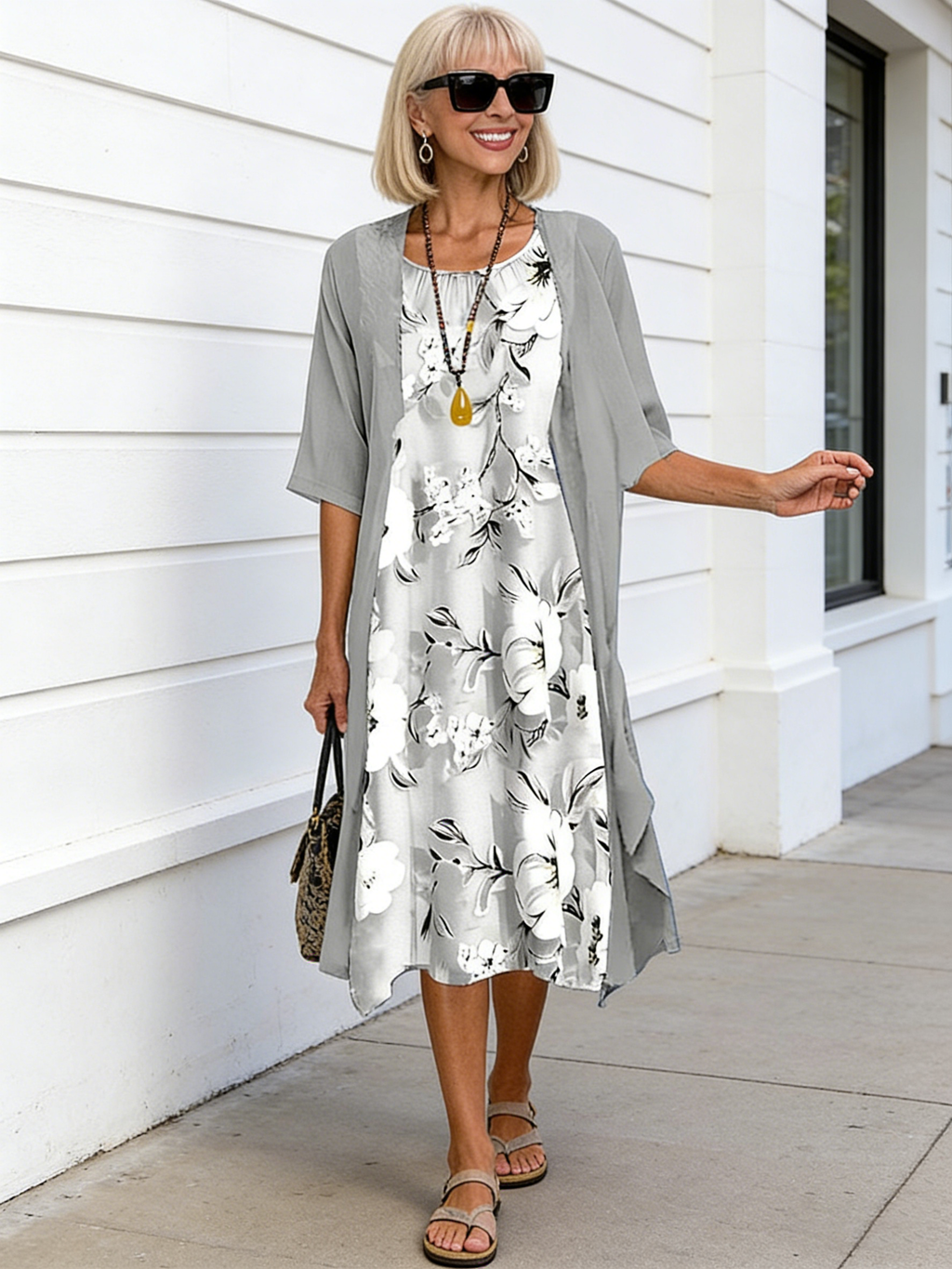 2Pcs Casual Printed Chiffon Dress Two-piece Set