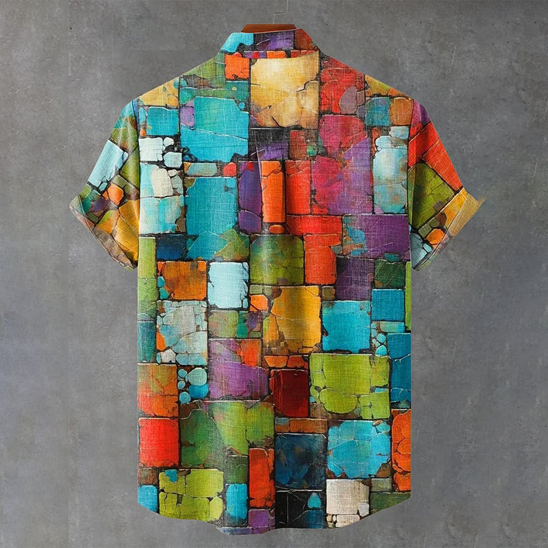 Mottled Aged Colored Squares Vintage Print Casual Cotton Shirt