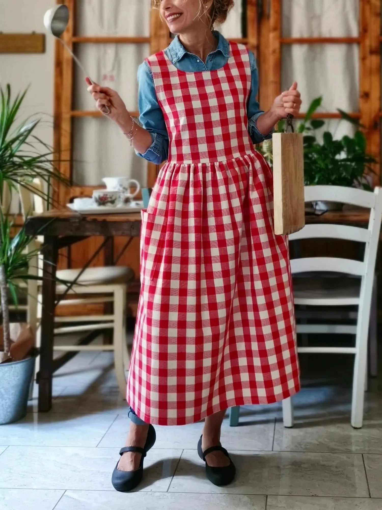 Red Check Cotton Apron