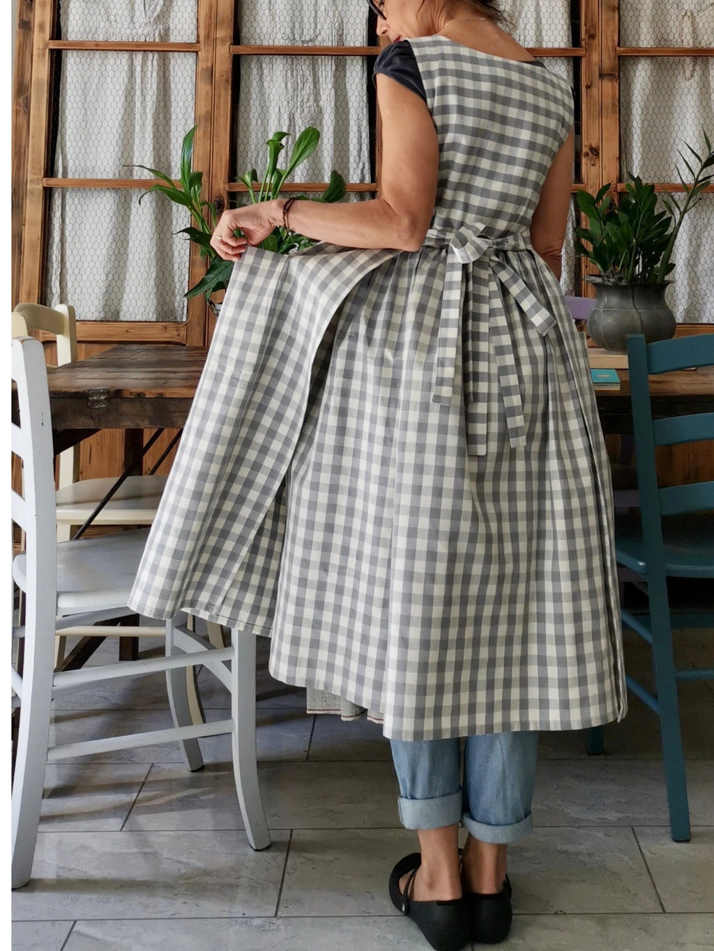 Light Grey and Cream Checked Cotton Apron