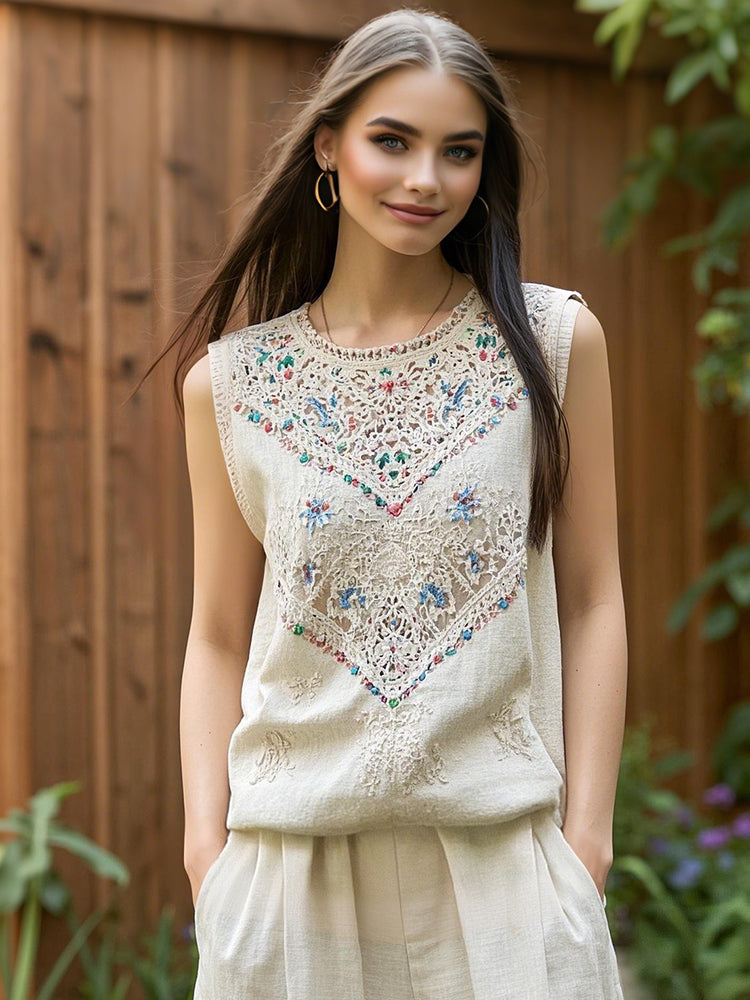 Vintage Bohemian Cutout Linen Vest