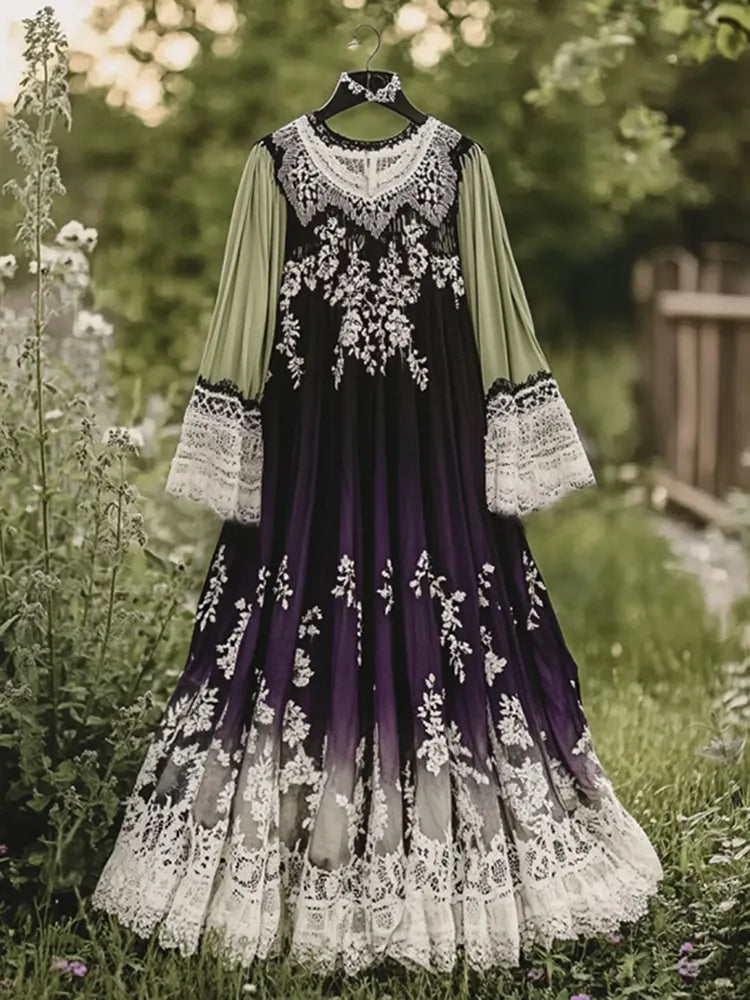 Vintage Tribal Lace Embroidered Floral Art Maxi Dress
